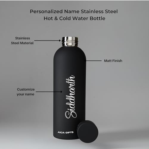 Image of AICA Personalized Name Stainless Steel Water Bottle -500ml- 12 Hrs Hot & 18hHs Cold (Black) |Customised Gift For Men Women Girl Boy | Gifts for Woman | Gift for Man Girls Boys