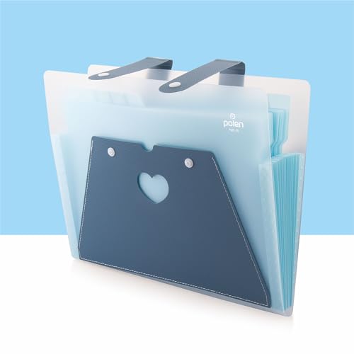 Image of Polen 13-Pocket Expanding File Folder with Handle Straps, Transparent Accordion Document Organizer with Heart-Cut Front Pocket for Certificates, Bills, Receipts & Office Documents.(Blue)