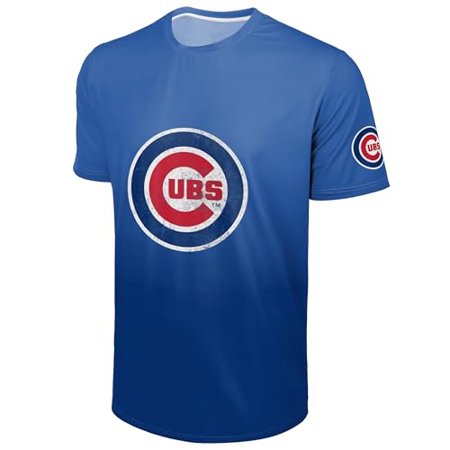 FOCO MLB Men's Official Distressed Primary Logo Polyester Gradient T-Shirt (US, Alpha, X-Large, Regular, Regular, Chicago Cubs - Blue, Chicago Cubs)
