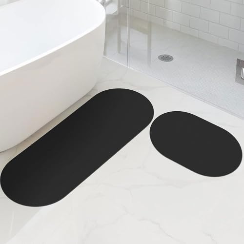 Lukery Alfombra de Diatomita Baño, Elíptica Alfombrilla de Baño Antideslizantes, Lavables Súper Absorbente Alfombra de Baño, para Bañera Ducha Cuarto de Baño y Cocina (40x60cm,Negro)
