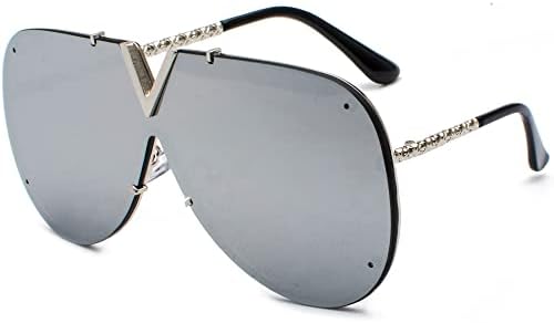 Zueauns Retro Sunglasses for Men Women Vintage One Piece Ladies V-Shaped Sunglasses Metal Frame Oversized Goggles Shades Eyewear UV400