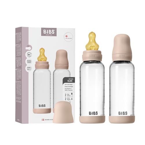 Image of BIBS Glass Baby Bottles 2-Pack, 8.1 Oz. Anti-Colic System for Gas Reduction. Vented Round Natural Rubber Latex Nipple. Supports Infant and Newborn Breastfeeding - 240 ml (Pack of 2), Blush