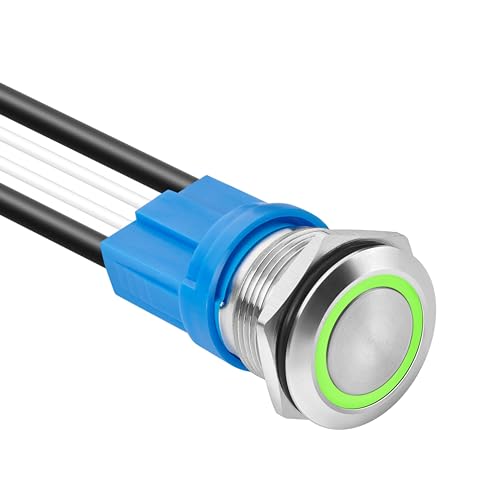 KWONONG Interrupteur à bouton-poussoir LED en acier inoxydable, étanchéité IP67, 5-24 V, 20 A, 1NO, avec prise de fil (1, vert, 16 mm)