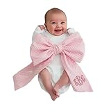 Personalized Newborn Swaddle Sash Custom Embroidered Maternity Bow Embroidery Monogram Newborn Seersucker Swaddle for Baby Photography Prop (Style 1)