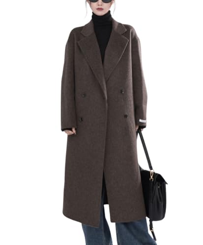 chouyatou Women's Winter Double Breasted Wool Coat Notched Lapel Casual Work Wool Blend Pea Coat Overcoat