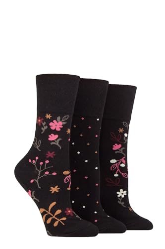 SockShop Gentle Grip Ladies Floral Spotted Patterned and Striped Honeycomb Top Cotton Socks in a Multipack of 3 Assorted Colours Size 4-8 Floral Night