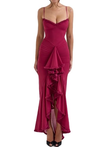 Image of meilun Elegant Mesh Wedding Guest Dress Flowy Ruffle Bodycon Maxi Dress Fishtail Long Formal Dress