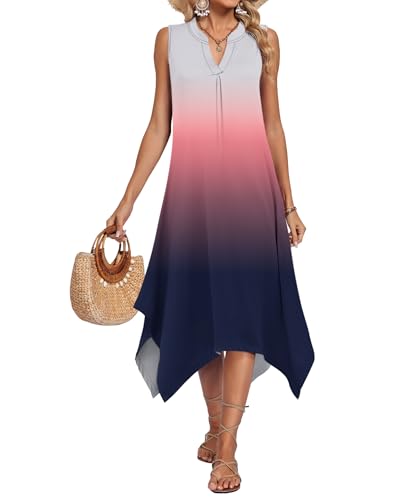 Image of AUSELILY Womens Summer Midi Dress V Neck Sleeveless Casual with Pockets | Flowy womens summer dress with asymmetrical hem, great for beach, vacation and daily wear