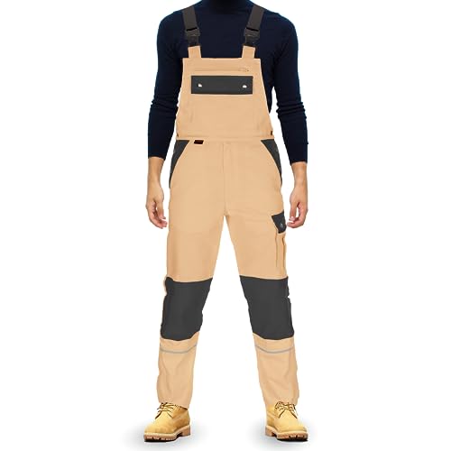 TMG® | Lange Arbeitslatzhose Herren, Beige Latzhose mit Kniepolstertaschen aus Cordura, viel Stauraum, robust | 52