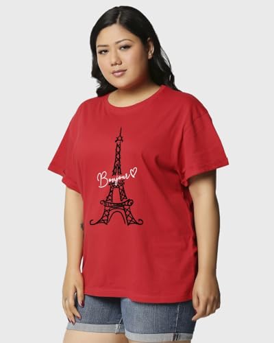 Image of Bewakoof Women's Cotton Graphic Print Relaxed Fit Round Neck Plus Size T-Shirt