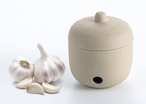 SYJAN HOME Ceramic Garlic Keeper - Garlic Storage with Lid Garlic Saver Container for Countertop - Garlic Jar for Kitchen,Garlic Holder to Keep Your Garlic Cloves Fresh Longer (Beige, Small)