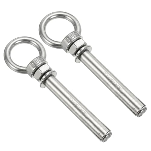 Image of PATIKIL Expansion Eye Bolt M10x100mm, 2 Pack 304 Stainless Steel Shoulder Anchors Eyebolt Screw with Eye Ring for Concrete Brick Walls Canopy Engineering Rigging Silver