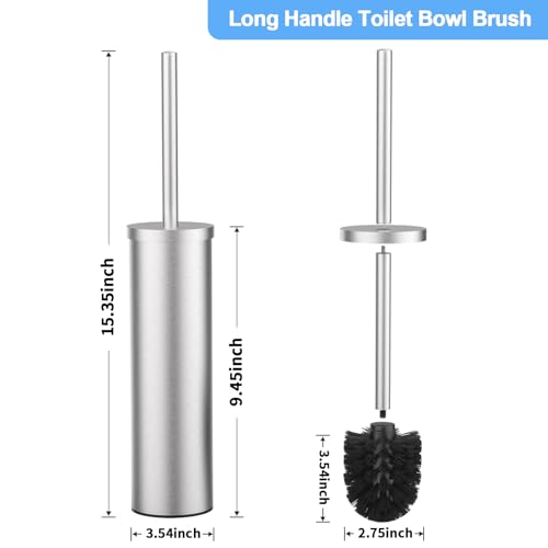 Image of Stainless Steel Toilet Brush and Holder Set Brushed Silver Heavy Duty Toilet Bowl Brush with Long Handle for Bathroom and Farmhouse (Silver-2)