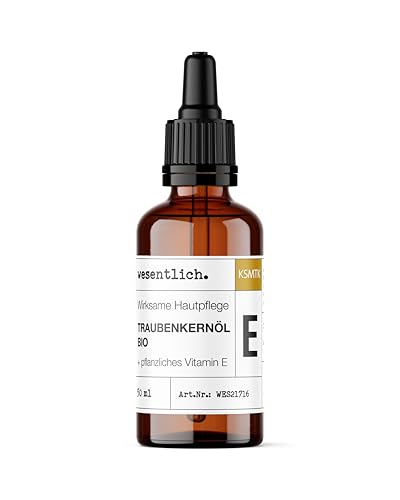 wesentlich. Aceite de semilla de uva orgánico con vitamina E extra | natural y prensado en frío | cosmética para la cara, piel y antiedad | botella de cristal con pipeta | 50 ml