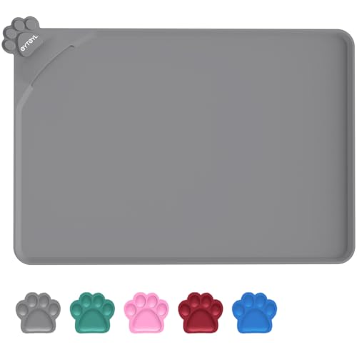 Waterproof Pet Feeding Mats with High Lips 55 x 38cm Silicone Mat, Nonslip Pet Food Mat for Dog, Cat, Prevent water goes down (GREY)