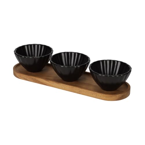 Jens Living Set de service en bois d'acacia et céramique, 4 pièces, noir et blanc, en forme de coquillage, pour sauces, tapas et collations (noir)
