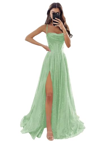 Women's Sparkly Tulle Prom Dress Spaghetti Straps Long Formal Evening Party Gowns