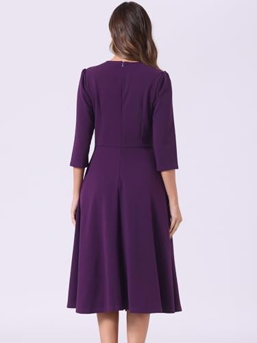 Image of Allegra K Elegant Work Dress for Women's 3 /4 Sleeve Round Neck Pockets Vintage A-Line Swing Midi Dress