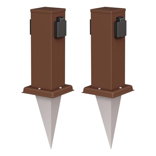 ledscom.de 2 x Polly Toma de jardín Pilar con pincho de Tierra para Exteriores, IP44, 2 Ganchos, marrón, Cuadrado, 27cm