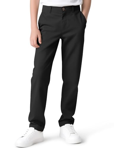 KEREDA Boys Flat Front Dress Pants School Uniform Pants Twill Elastic Waist with Zip Button Black 13-14 Years