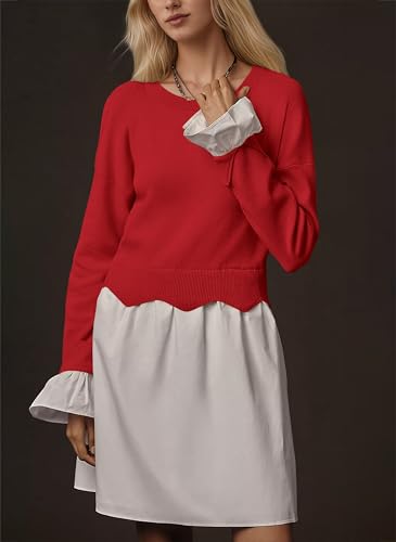 Women Long Sleeve Crewneck Sweater Patchwork Twofer Mini Dress3