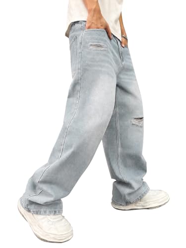 Image of ALLABREVE Men's Baggy Hip Hop Jeans Y2k Wide Leg Denim Pants Relaxed Fit Skater Trousers Streetwear