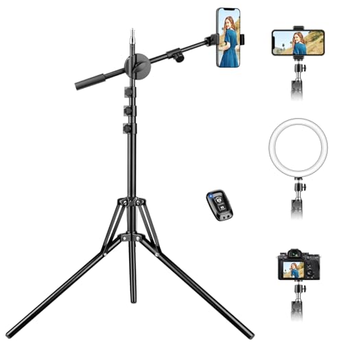 Nineigh 85'' Tall Phone Tripod, Portable Tripod for iPhone with Extendable Arm & Remote, Overhead Mobile Phone Stand for Filming, Compatible with Smartphone/Small Camera/Ring Light