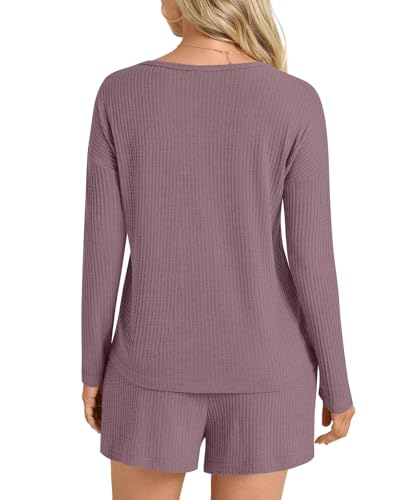 Image of Anydoll Womens Pajama Sets Waffle Knit Lounge Sets Long Sleeve Top and Shorts 2 Piece Loungewear with Pockets