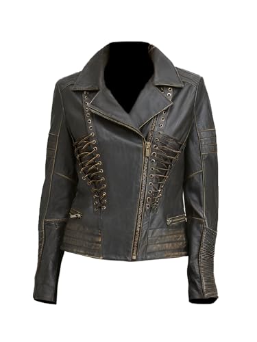 Veste cuir agneau noir femme style motard vintage blouson rock à lacets dorés