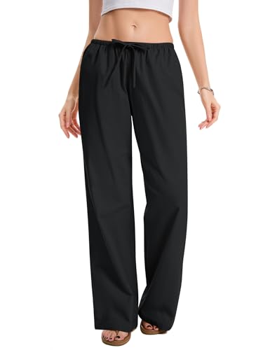 AKEWEI Women Cotton Linen Summer Palazzo Pants Drawstring Waist Wide Leg Lightweight Beach Trousers with Pockets3