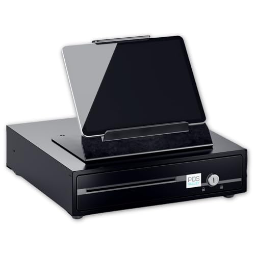 POS VALLEY Kassenschublade - Automatic Elektrisch (RJ11-12) / Manuell Öffnen - 4 Geldscheinfächern / 5 Münzfächern, 33x37cm, mit Universal-Tablethalter 8-13 Zoll