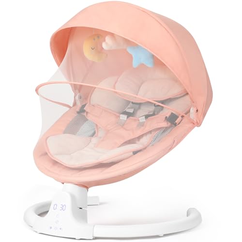 Image of Baby Swing for Infants, Baby Rocker with 5 Speed, Infant Swing with 10 Preset Lullabies. 5 Point Harness with Remote Control and 3 Hanging Toys, Pink