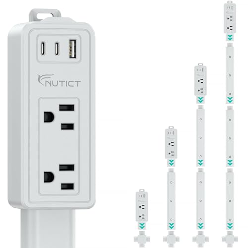 NUTICT Electrical Outlet Extender Stick 2 AC Outlets & 2 USB-C & 1 USB-A Port Flexible Extends 6-34 Hide Behind Couches Nightstands Beds Desks Grey