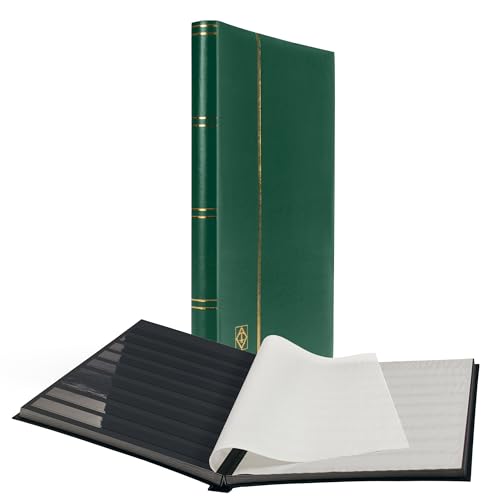 LIGHTHOUSE – “COMFORT” Padded Leather Cover Stockbook for Stamps - 32 Black Cardstock A4 Pages with Clear Strips and Double Linen Hinges - Green
