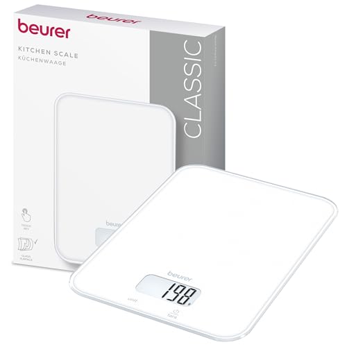 Beurer KS 19 Pure White balanza de cocina digital, capacidad de hasta 5 kg (división precisa de 1 g), balanza doméstica con sensor táctil, balanza para alimentos incl. pilas, diseño ultraplano, blanco