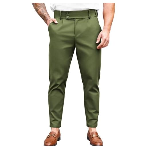 PASLTER Calça social masculina slim fit frente lisa stretch skinny afunilada calça social casual, Verde militar, M