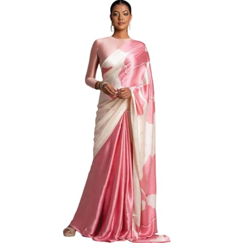 Image of Japan Satin Floral Print Saree for Women with Blouse Piece - Satin Finish Draped Saree