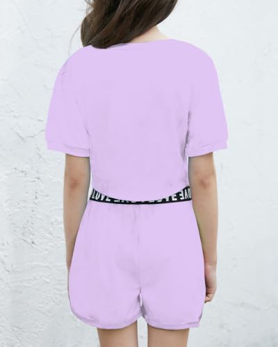 Image of Betusline Girls Summer 2 Piece Outfits,Kids Short Sleeve Crop Top & Shorts Set with Side Pockets