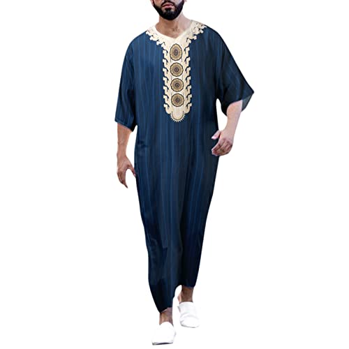 Caxndycing Hombres Vestidos Musulmanes Caftán - Medio Oriente Saudita Túnicas Turco Vestidos Thobe Hombres Oración Ropa Impresión Bolsillos Vestidos, azul oscuro, XXL