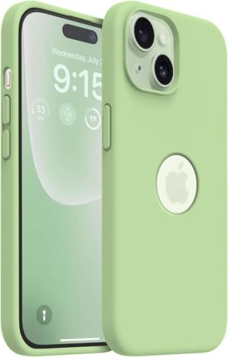 Image of VONZEE Microfiber Logo Cut Cover Compatible for iPhone 15 Case Liquid Silicone Cases Full Body 4 Layer Protective Covers Shockproof Back Cover with High Raised Camera Lips (Matcha Green)