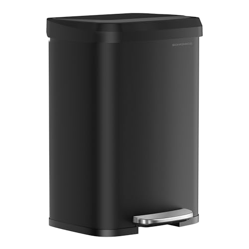 SONGMICS Kitchen Trash Can, 13 Gallon (50 L) Stainless Steel Garbage Can, with Stay-Open Lid and Step-on Pedal, Soft Closure, Tall, Large and Space-Saving, Black ULTB530B50