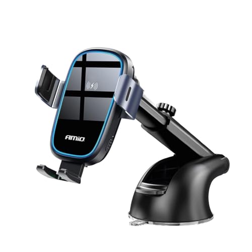 AMiO Suction Mount Telefoonhouder met 15W Draadloze Oplader - Verstelbare Arm en Herbruikbare Zuignap Zwart