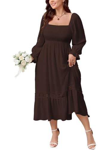 SCOMCHIC Women's Plus Size Wedding Guest Formal Dresses Fall Long Sleeve Square Neck Smocked Flowy Lace Trim Maxi Dress