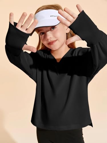 Haloumoning Girls Oversized Long Sleeve T Shirts Kids Casual V Neck Cute Tops Basic Tees with Thumb Holes 4-14Y4