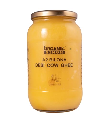 Organik Singh A2 cow Desi Ghee – 1 LITRE | Made using Vedic Bilona Method | A2 Certified | Curd – Churned A2 cow ghee | Grass-fed Desi cow ghee | Lab Tested | Packed in Glass Jar