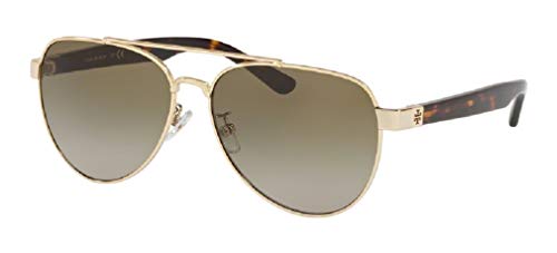 Tory Burch TY6070 パイロットサングラス レディース + デザイナー iWear アイウェアケアキット付きセット, シャイニーライトゴールドメタル/ライトブラウンダークブラウングラデーション, 57