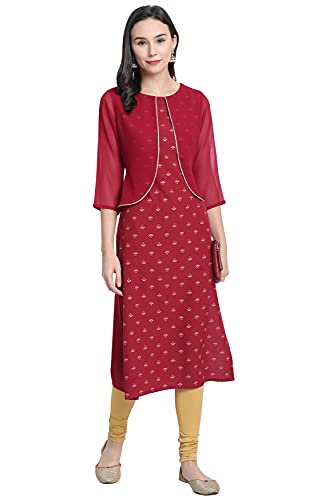 Image of Janasya Women's Maroon Jacket Style Poly Crepe Kurta