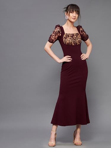 Image of Miss Chase Womens Bodycon Square Puff Sleeve Solid Lace Overlaid Ankle Length Dress