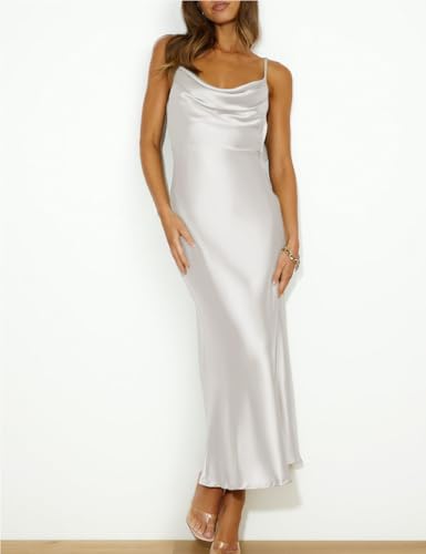 Image of Summer Satin Spaghetti Strap Cowl Neck Backless Midi Dresses for Women Elegant Tie Low Back Ruched Cocktail Dress