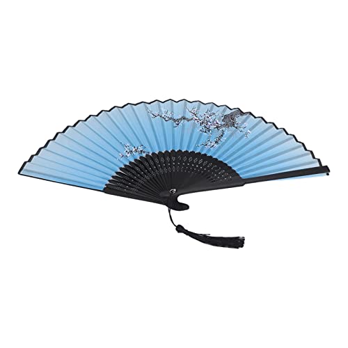 Ventilador Plegable de Flores de Ciruela, Ventilador Mano bambú con Patrón Ciruela Retro, Dos Opciones Color para la Decorativa Pared, Regalos (Huesos negros y flores de ciruela de la cara azul)